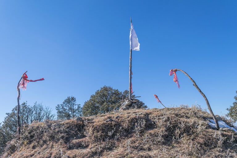 Prayer flags on the Nag Tibba summit trail near Mussoorie